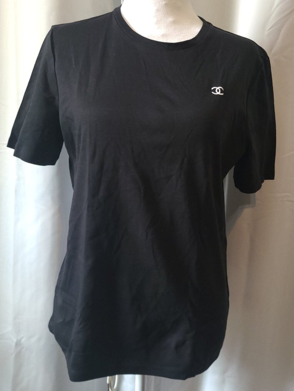 Woman's Chanel Uniform Black T-shirt with White Stitched CC, size M - S/S NWOT